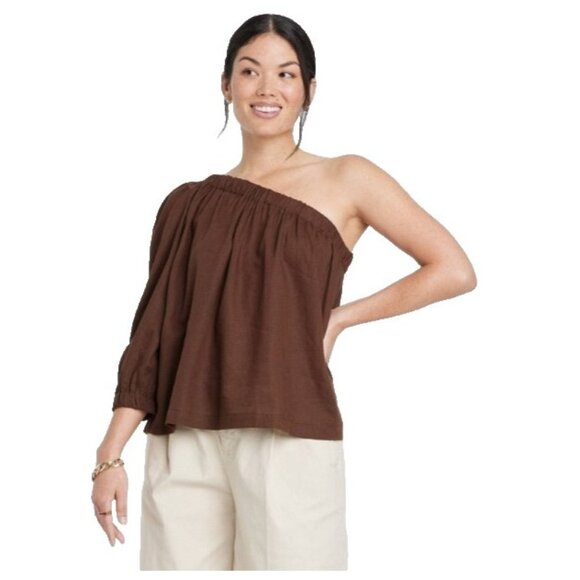 A New Day Women's Dark Brown Puff LS One Shoulder Linen Blend Top - Picture 1 of 6